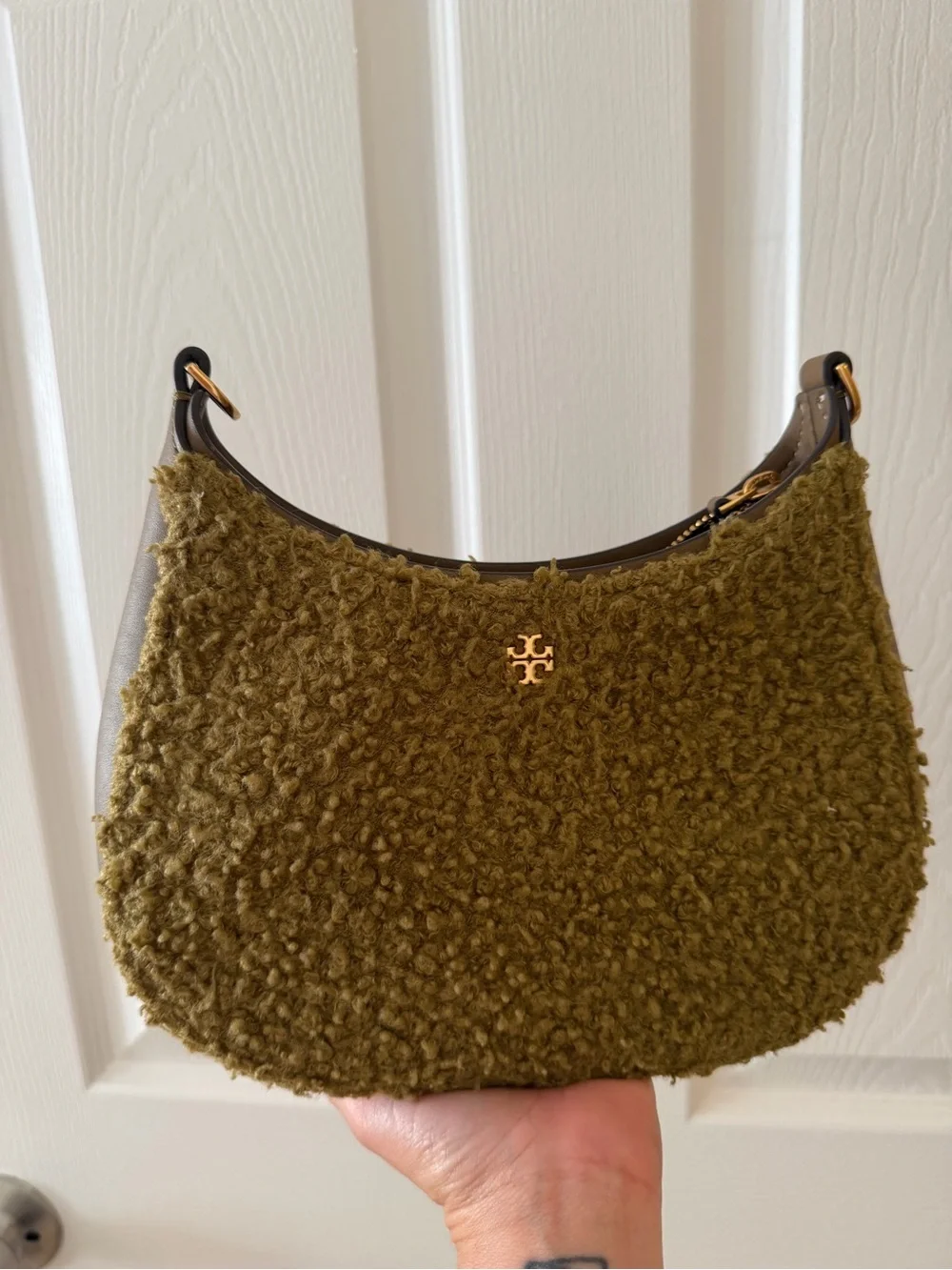 Tory Burch Olive Sherpa Shoulder Bag with Gold Logo